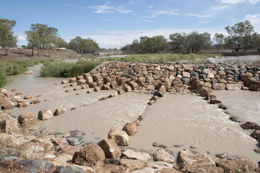 Photographic image of the Brewarrina fish ladders, at the Barwon–Darling River