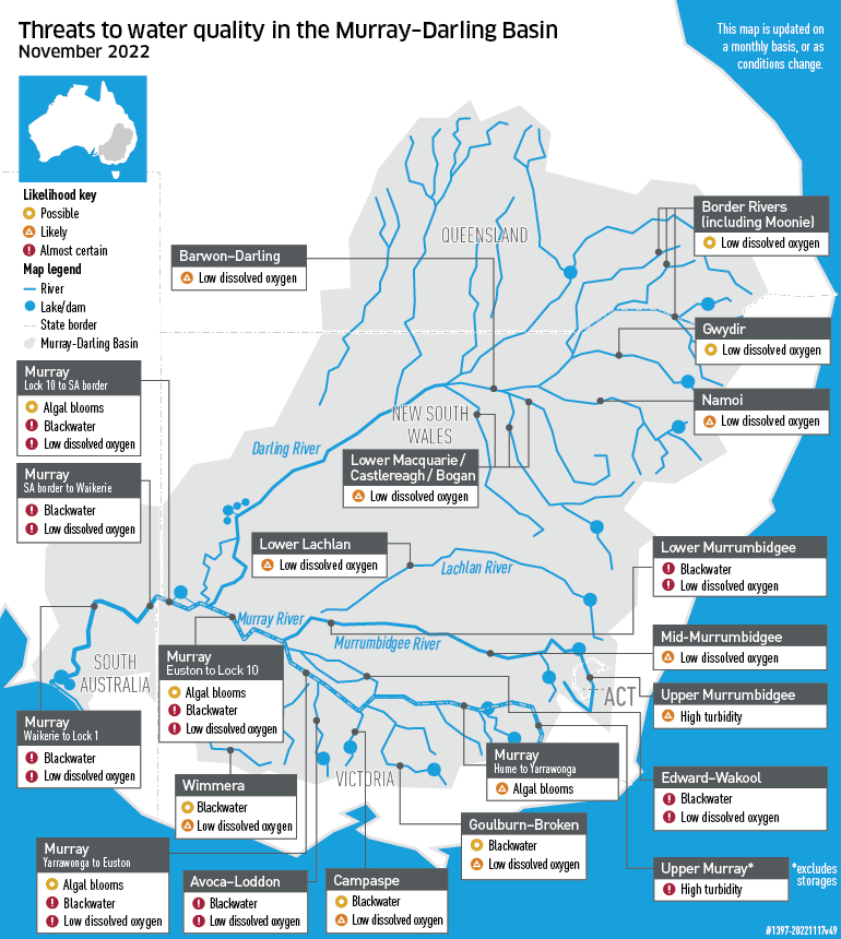 Map of threats to water quality in the Murray-Darling Basin. Most severe threats exist in southern Basin rivers due to flooding and high flows.