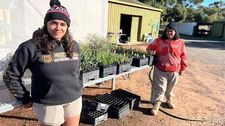 Two people standing outdoors next to a table of native seedlings ready for delivery