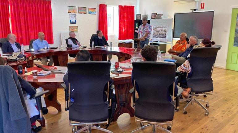 The group meet with Ally Coe (standing), the General Manager of the Wiradjuri Condobolin Corporation, as well as TAFE and business partners who demonstrate the success of the Corporation in pathways to employment initiatives introduced in the Condobolin area.