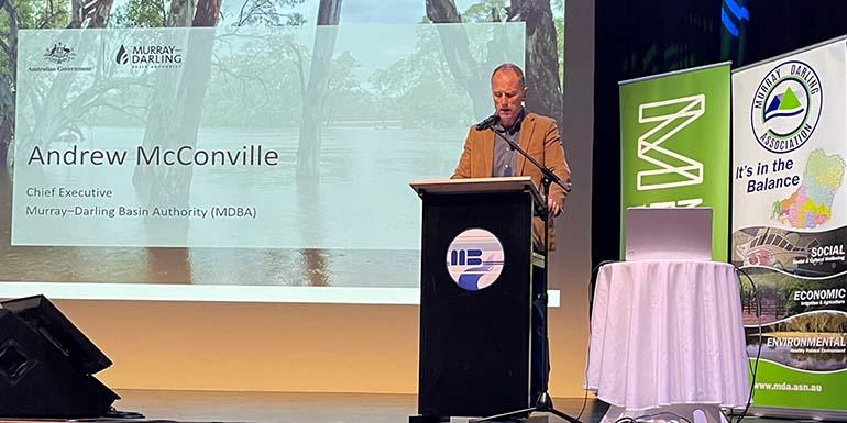 Andrew McConville, CEO of Murray–Darling Basin Authority delivers a speech to the Murray Darling Association Conference in September 2023, at Murray Bridge, South Australia