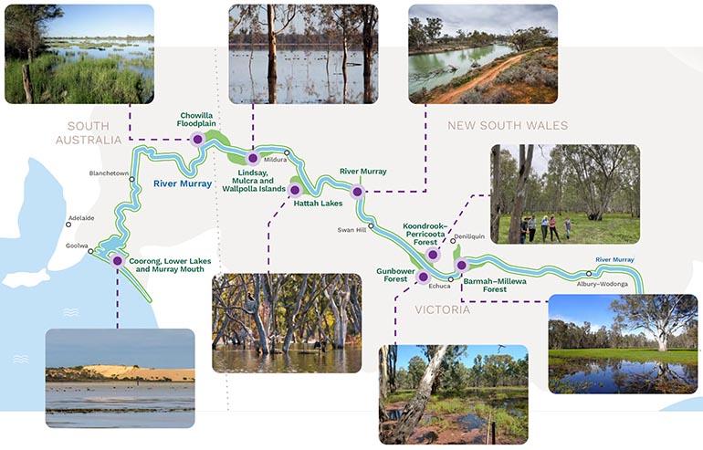 Map of icon sites along the River Murray