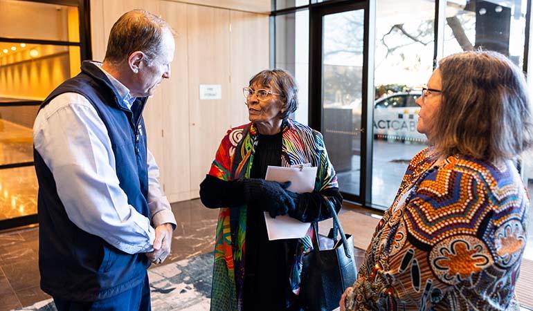 MDBA Chief Executive Andrew McConville chatting with Ngunnawal Elder Violet Sheridan and presenter Sheryl Hedges.