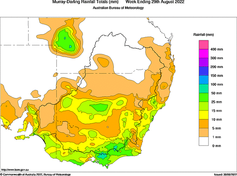 Rainfall totals for the period 23 August to 29 August 2022