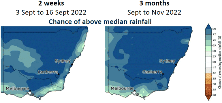 A comparison of the chance of above media rainfall between the coming 2 weeks and the coming 3 months.